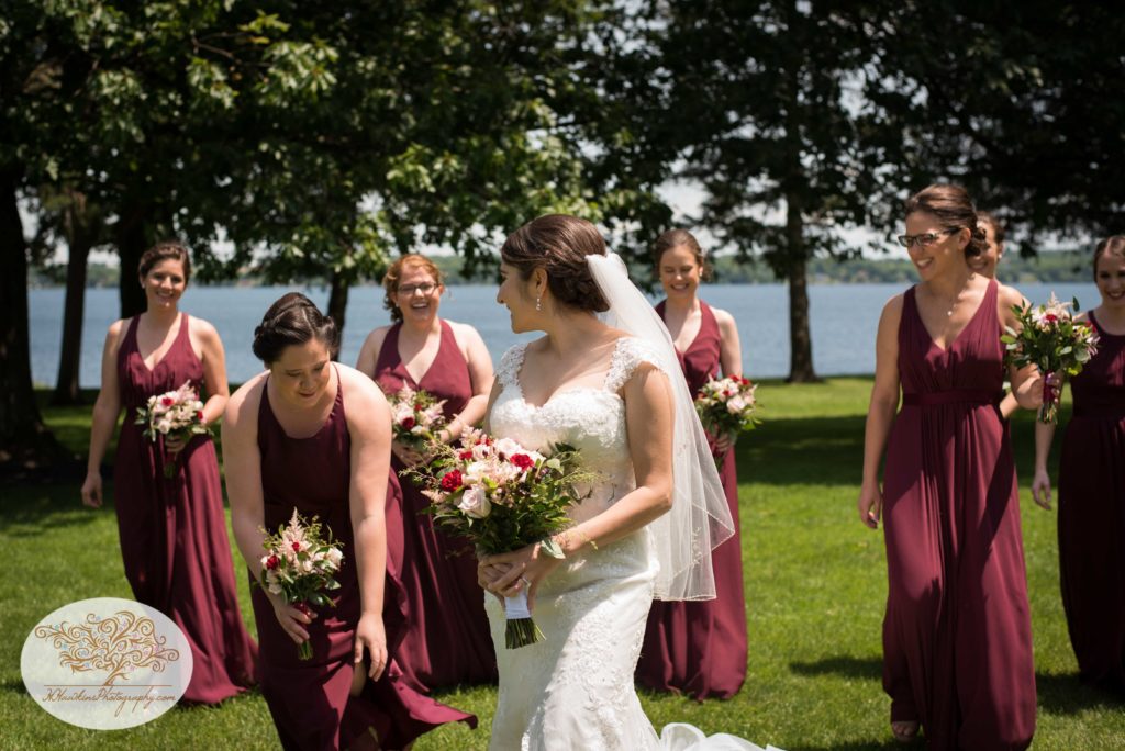 Bride walking with bridesmaids