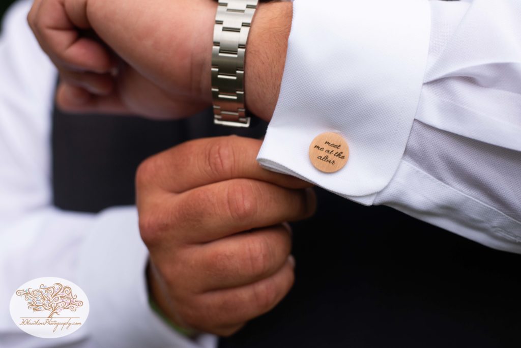 Groom's customized cuff links for his wedding day from his bride