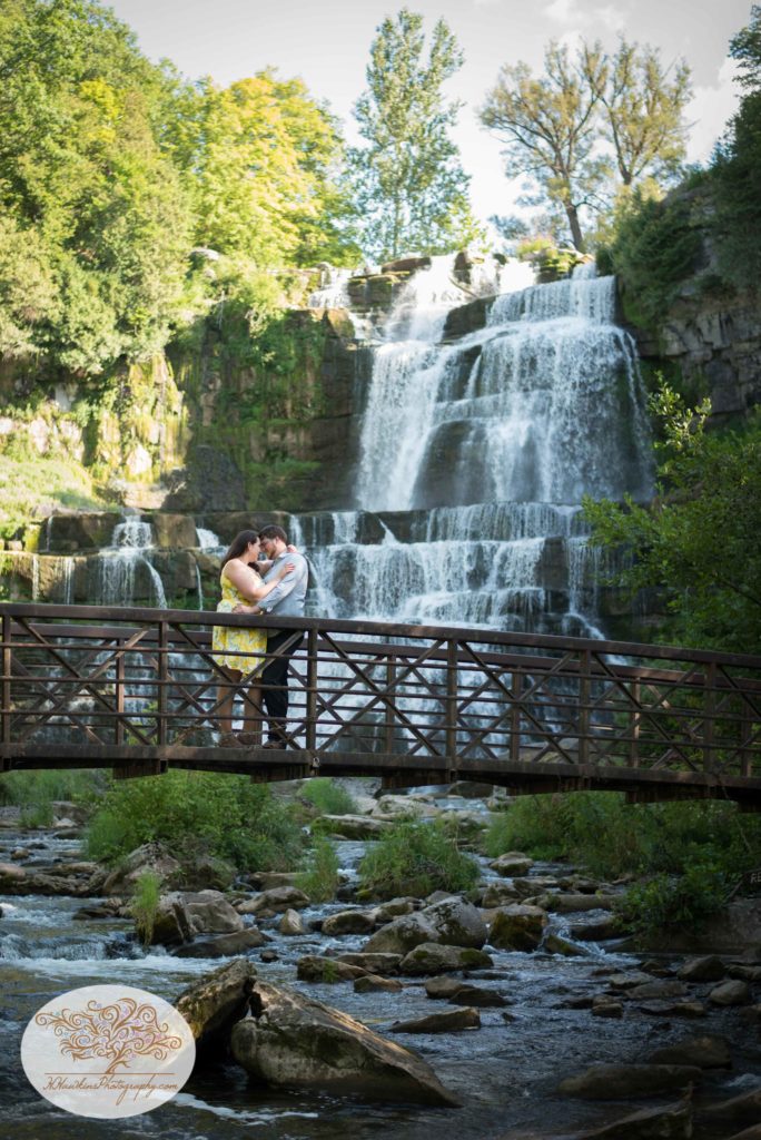 Chittenango Falls makes a dramatic backdrop for bride and groom on bridge