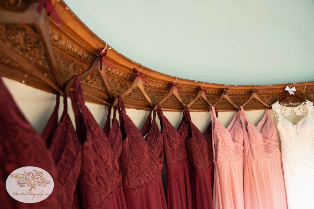 Bridesmaids dresses and custom made hangers by the bride