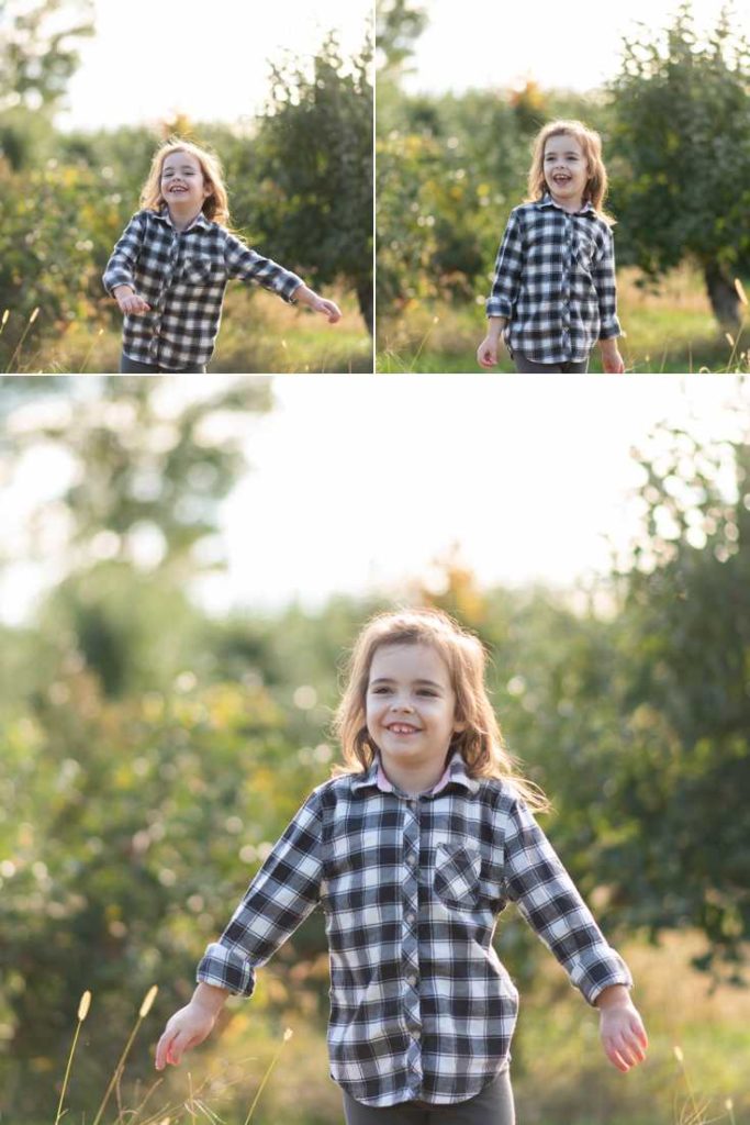 Picture collage of girl in an orchard during the family portrait session