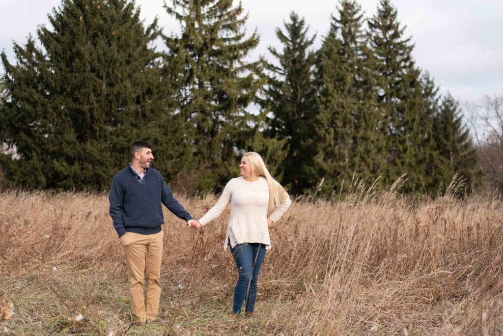 Engaged couple stands in Camillus Unique Forest Area field holding hands