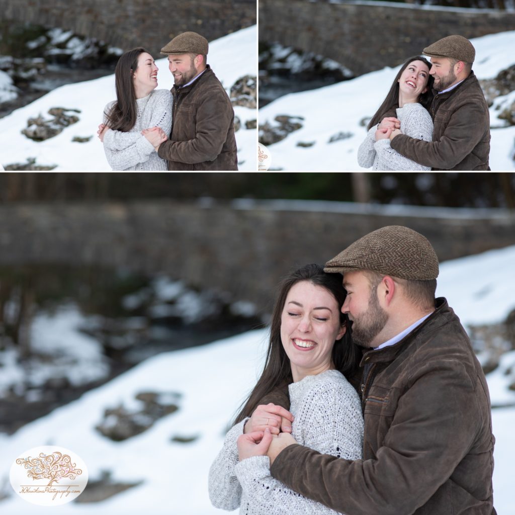 Collage of couple cuddling together trying to stay warm during their engagement session