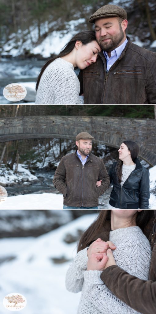 Snowy engagement pictures taken at Fillmore Glen State Park in Moravia NY