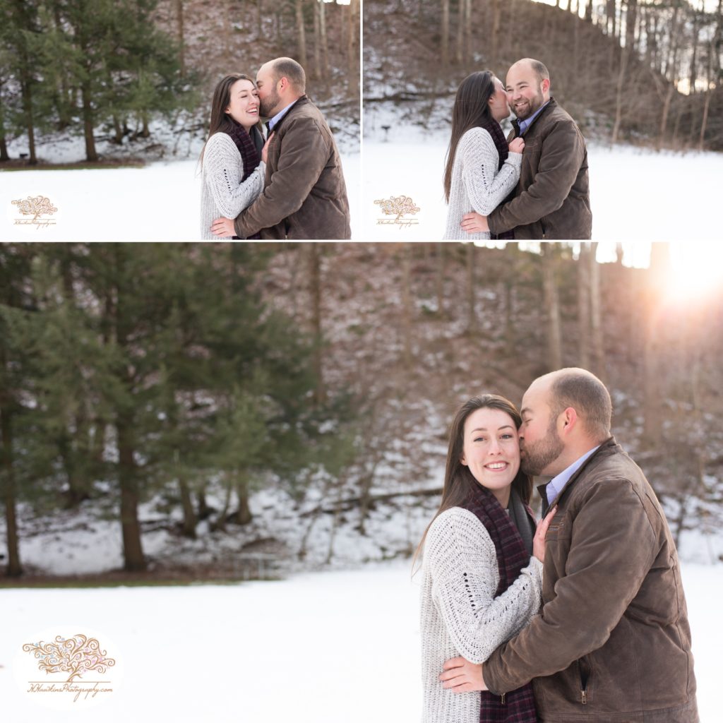 Collage of engaged couple standing in the snow during their engagement pictures at Fillmore Glen