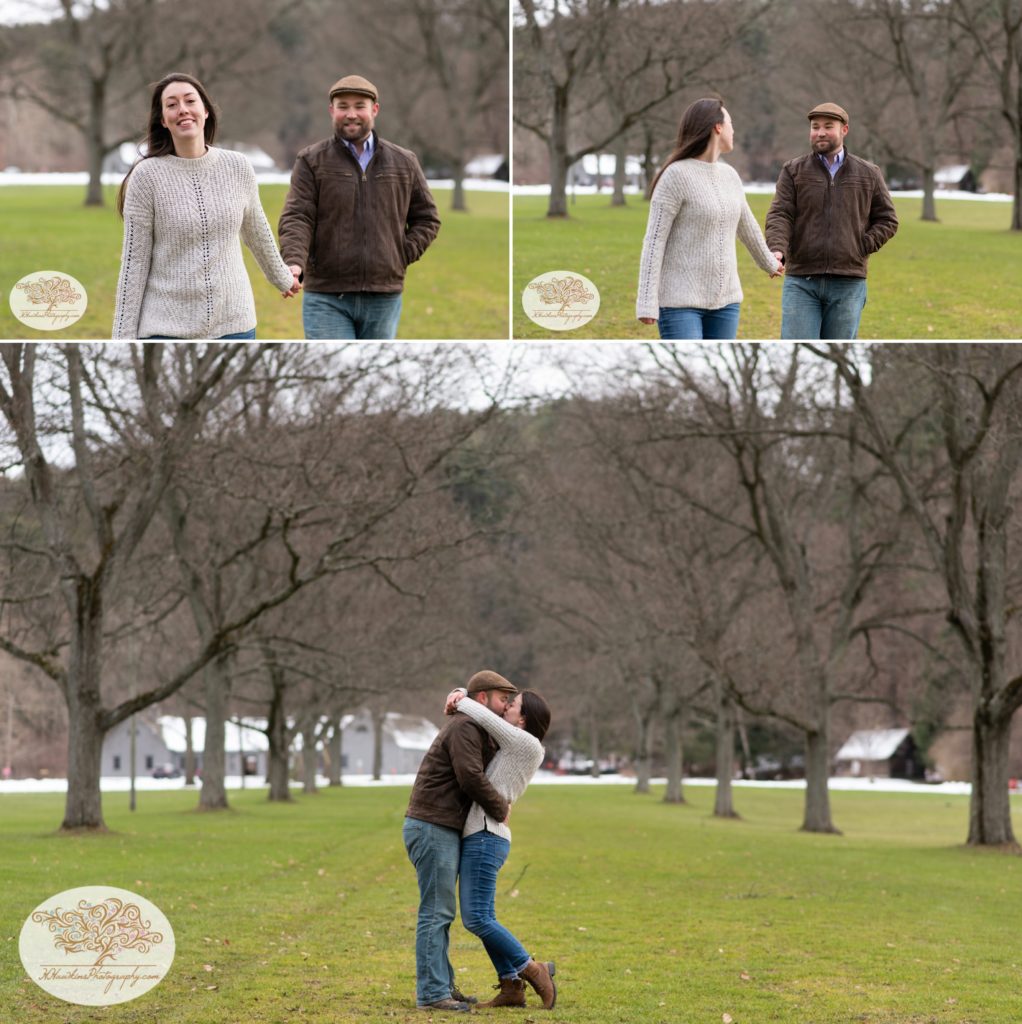 Collage of engaged couple standing in the middle of a row of trees