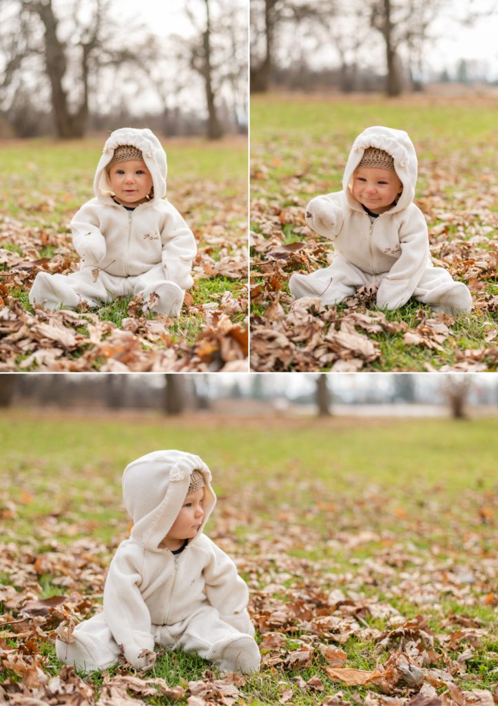Collage of baby in a white snow suit sitting in the fall leaves