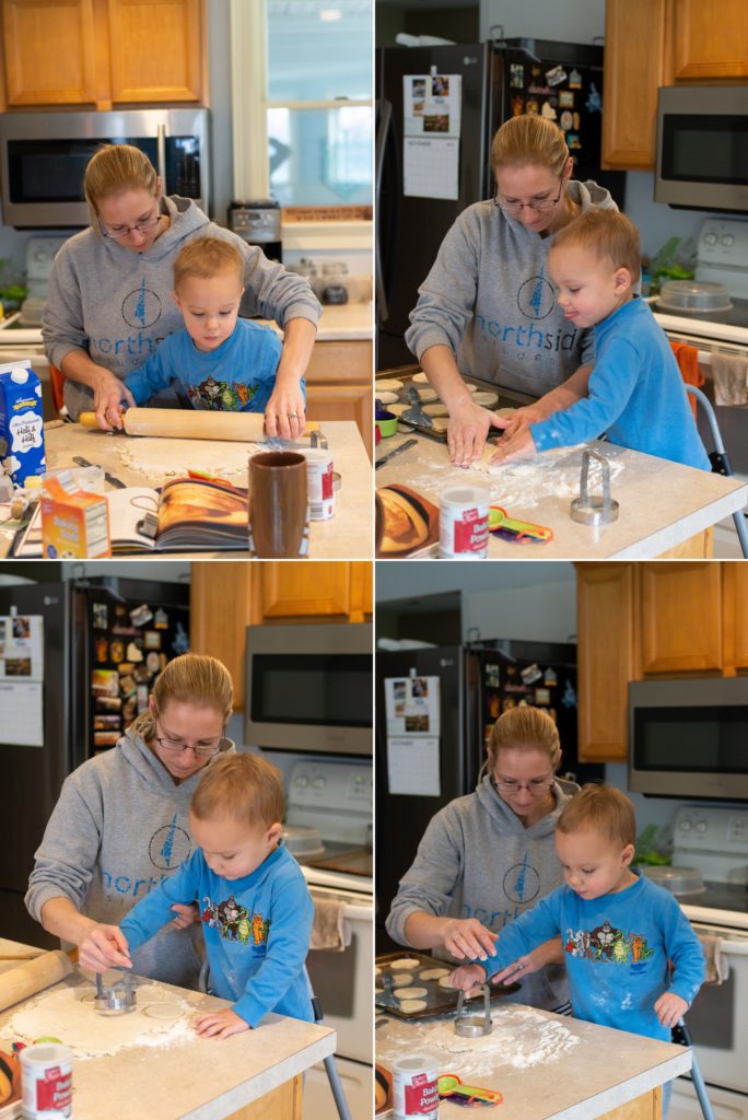 Collage of mom and toddler making biscuits on the kitchen counter