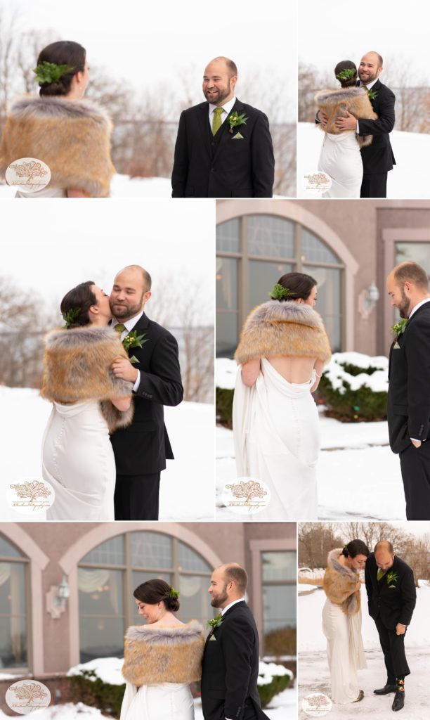 Collage of bride and groom's first look in snowy Belhurst Castle Geneva NY