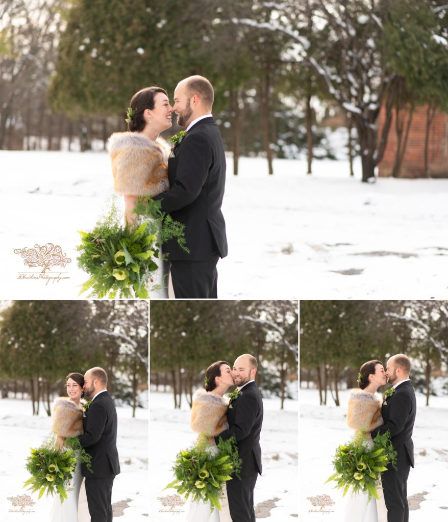 collage of bride and groom standing in the snow during their winter belhurst castle wedding