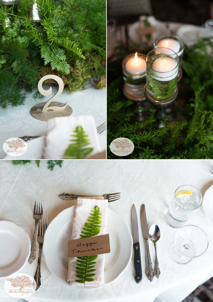 Collage of reception details including table settings, centerpieces, candles and table numbers