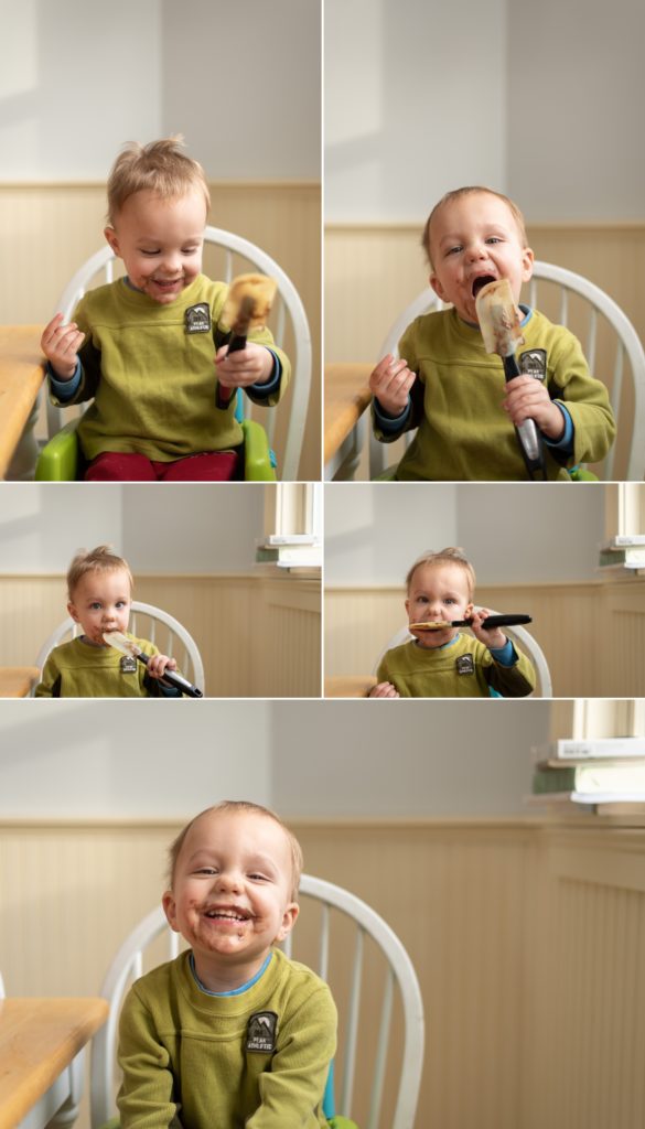 Collage of little boy licking cake batter off a beater