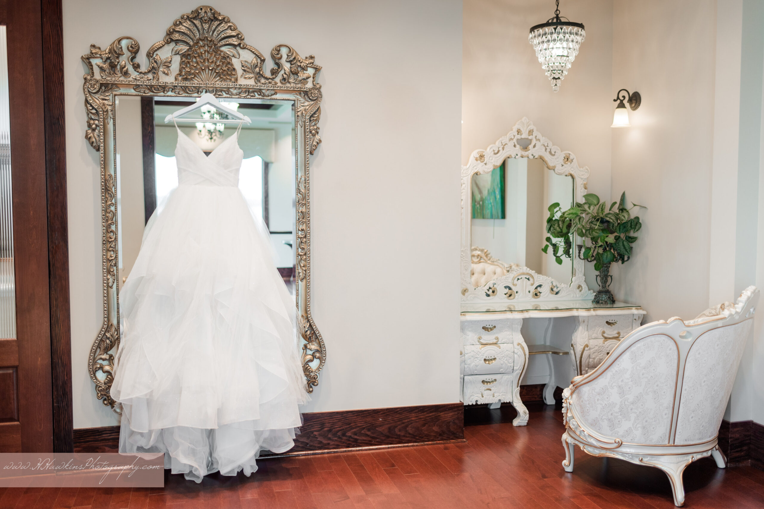 Wedding Dress hanging in the bridal suite of Tavares Lake wedding venue