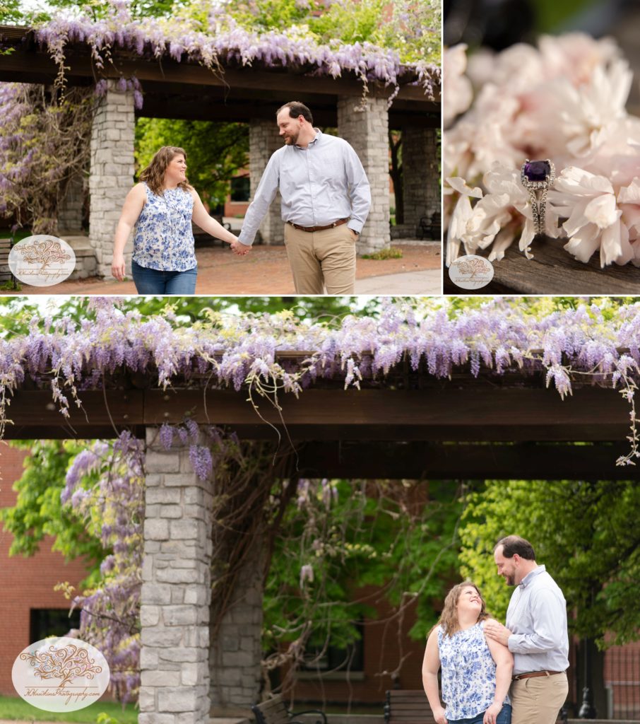 collage of bride and groom at Franklin Square Park in front of spring blossoms