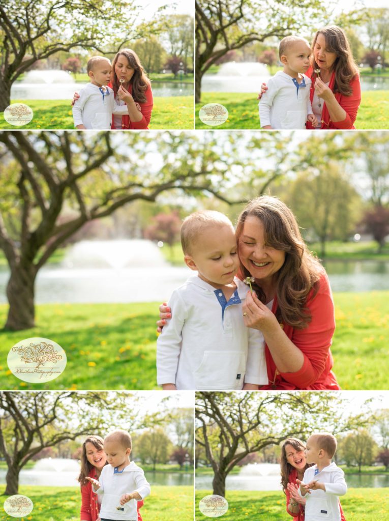 Collage of grandma and grandson blowing dandelions to seed 
