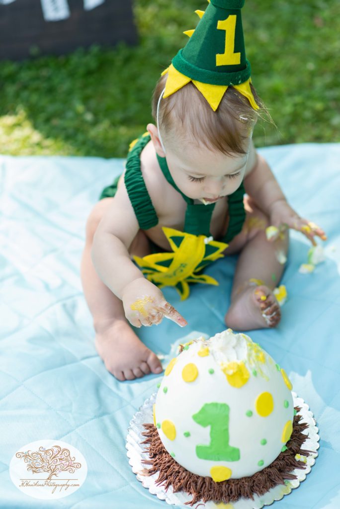Baby in dinosaur outfit smashes one year old birthday cake