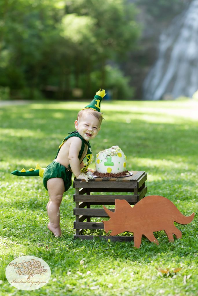 One year old boy in his birthday dinosaur outfit stands on his tippy toes and smiles during his cake smash picture session