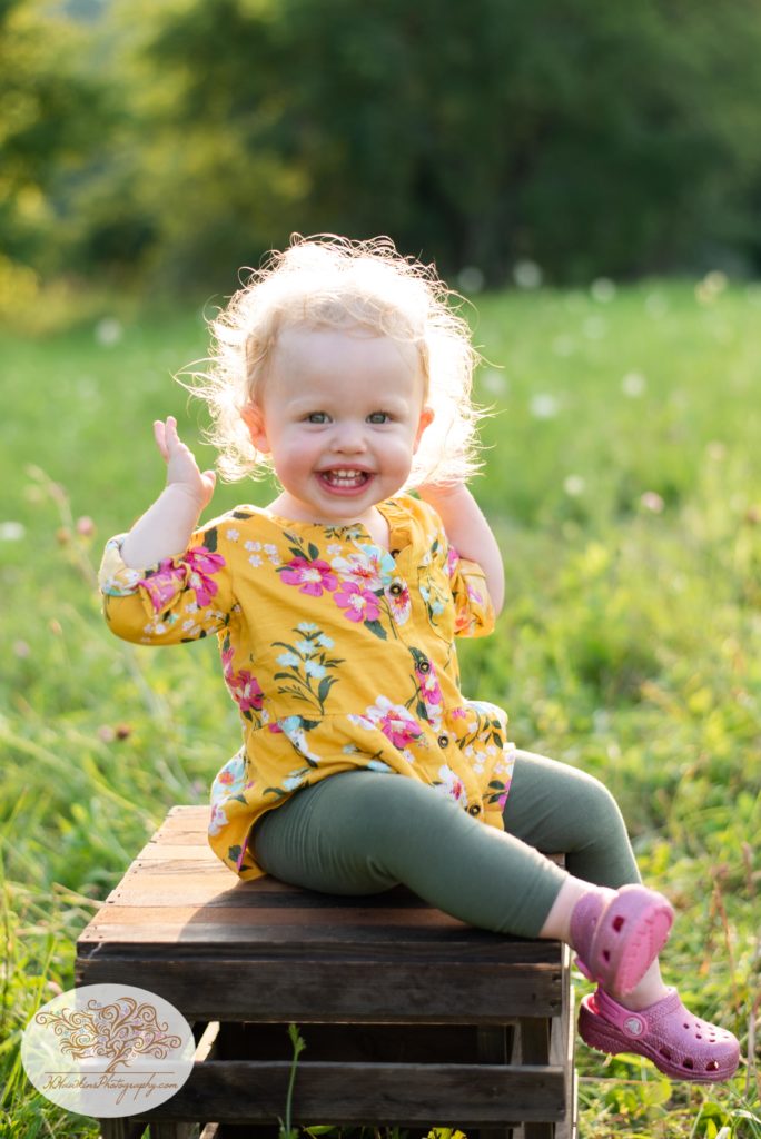 Little toddler girl plays peek a boo as she sits on a box in a field of flowers during summer family pictures session