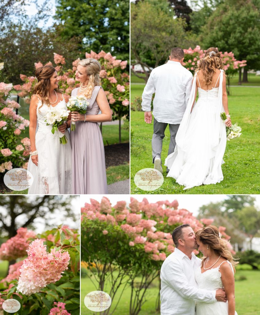 Collage of bride and groom at Hoopes Park Auburn NY standing in front of pink hydrangeas 