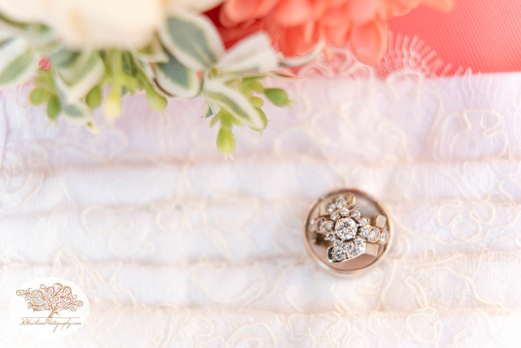 Diamond wedding ring with bouquet and white lace