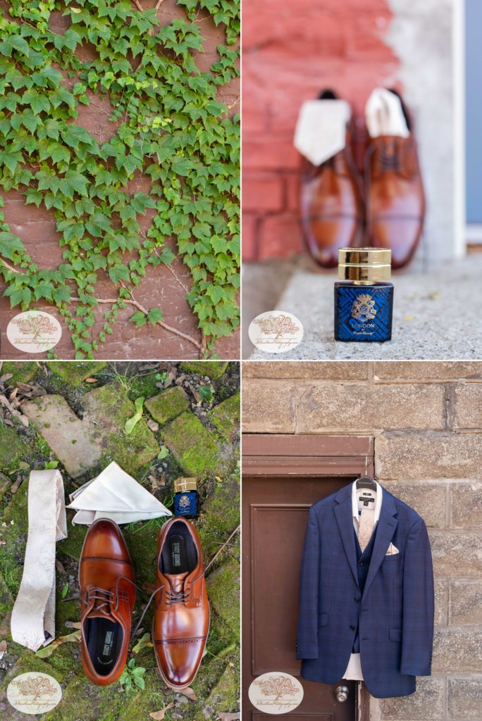 Collage of groom's suit jacket, tie, shoes, pocket square and cologne