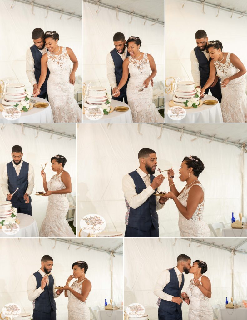 Collage of bride and groom cutting their wedding cake at their tent wedding reception at Glen Doone pavilion at John Boyd Thatcher State Park