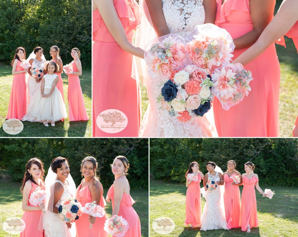 Collage of bride and bridesmaids in coral dresses and the bouquets of flowers