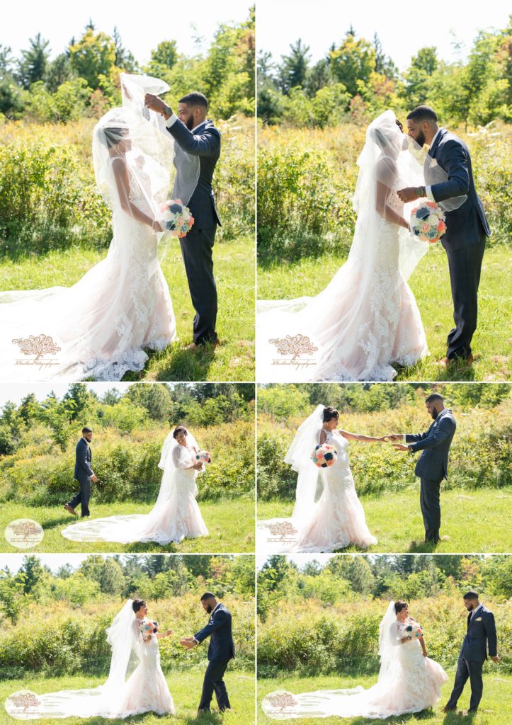 Collage of a bride and groom's first look together on the wedding day at John Boyd Thatcher State Park