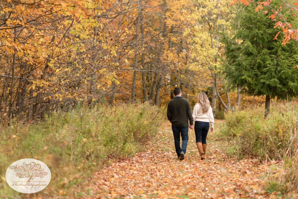 Engaged couple walk away from the camera down a tree lined pathway with all the autumn colors