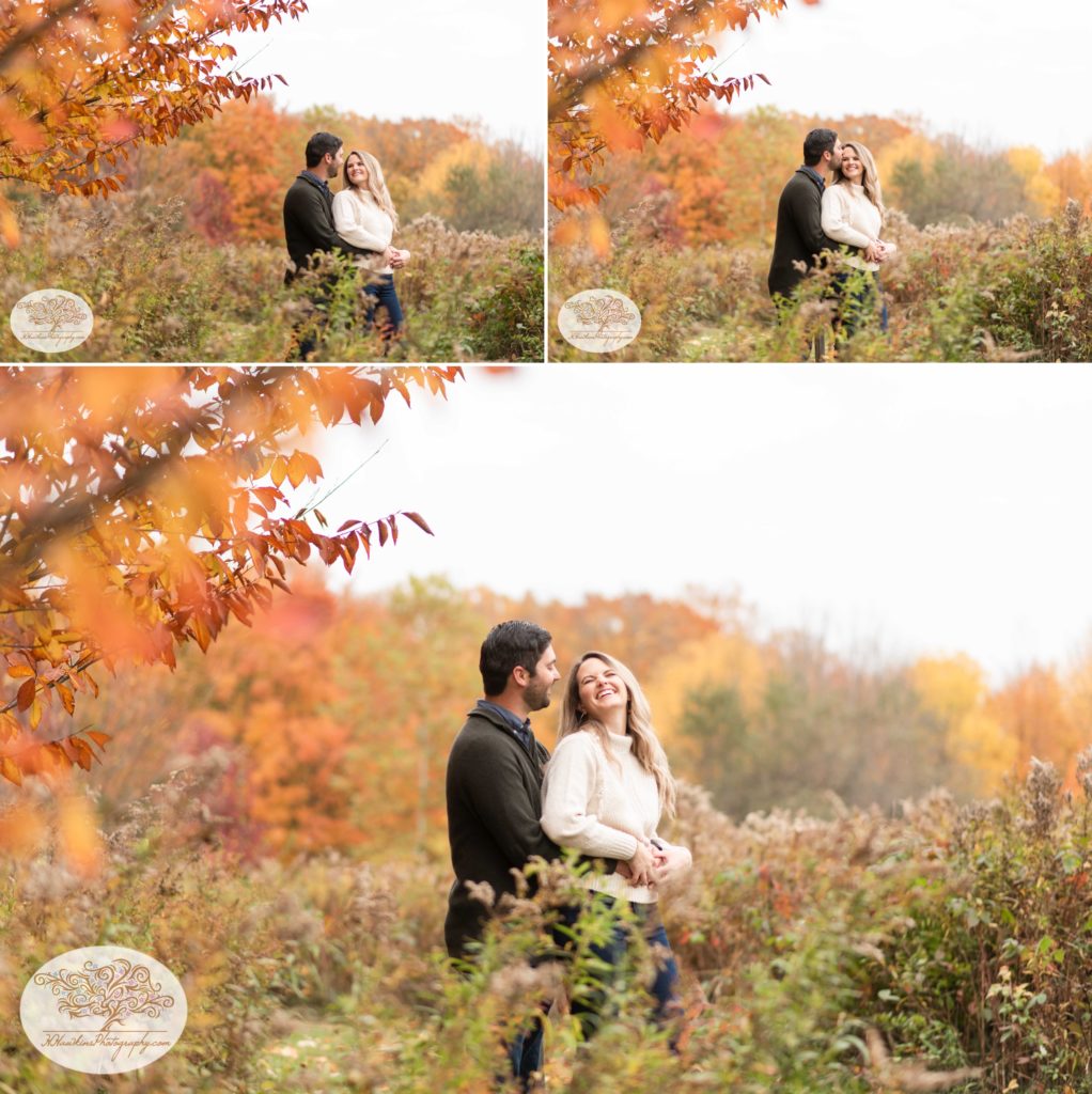 Collage of bride and groom to be with foreground and background autumn leaves at Baltimore woods in Marcellus NY for their Syracuse Fall engagement pictures