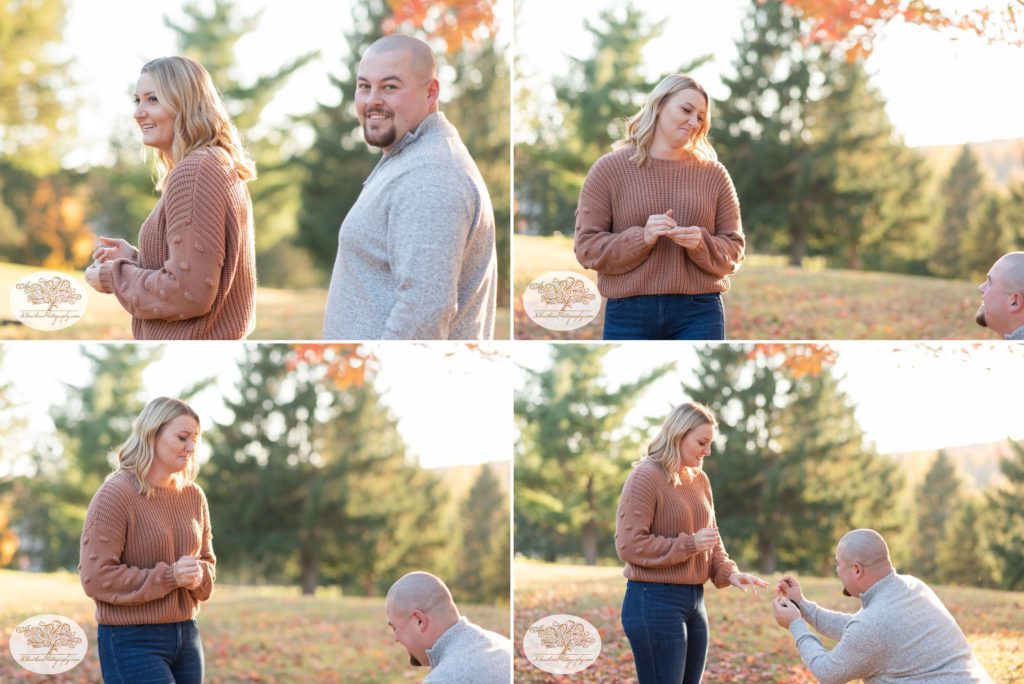 Surprise proposal by boyfriend to girlfriend at Gillie Lake in Camillus NY captured by Syracuse wedding photographer.