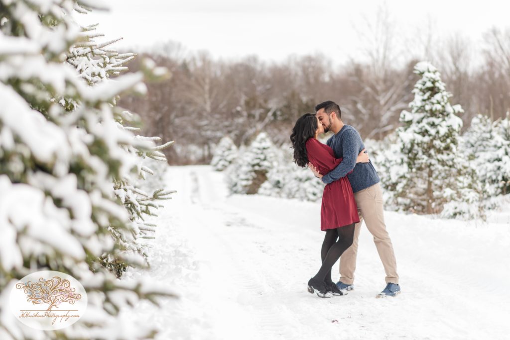 Groom to be dip kisses bride in a snowy field for Christmas trees at Critz Farms