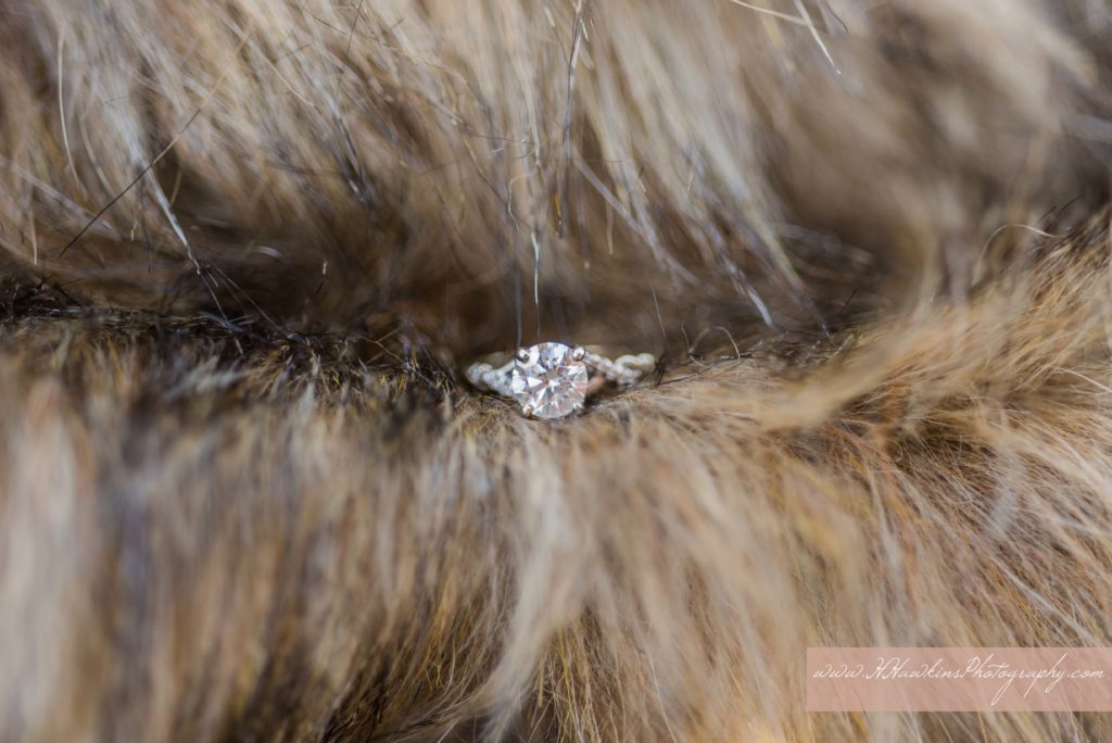 Diamond engagement ring on a fur shawl during Syracuse engagement pictures at Marcellus Park
