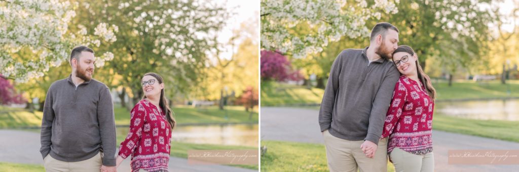 Collage of bride and groom in front of white blossoming tree during their spring engagement pictures at Hoopes Park in Auburn NY