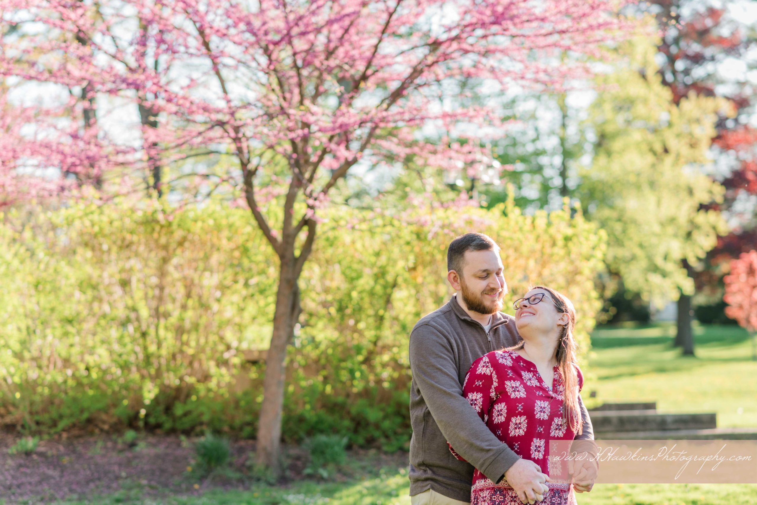 Newly engaged couple stands in front of purple blossoming tree in the spring at Hoopes Park in Auburn NY