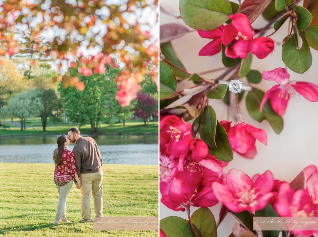 Bride and groom walk towards the pond at Hoopes Park in Auburn NY for their spring engagement session along with her diamond ring