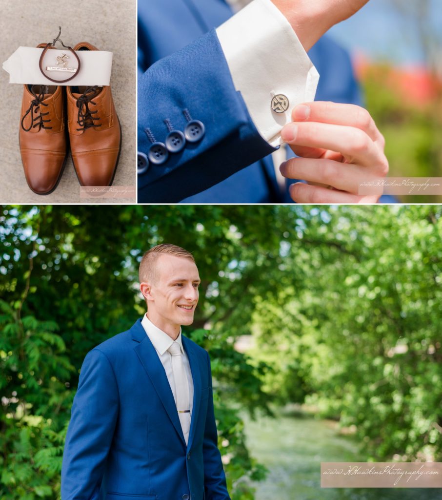 Groom and his details like shoes, cuff links, tie and tie bar clip