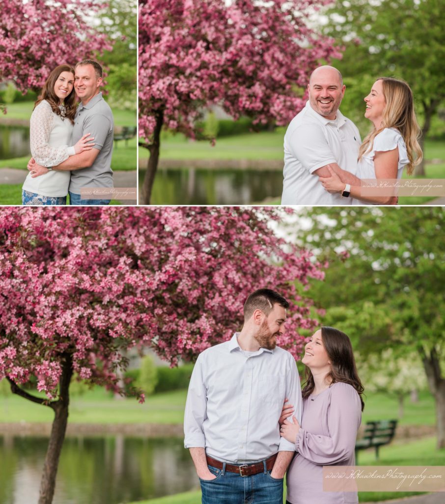 Collage of married couples during their extended family session at Hoopes Park in Auburn NY in spring with pink flowering tree in the background