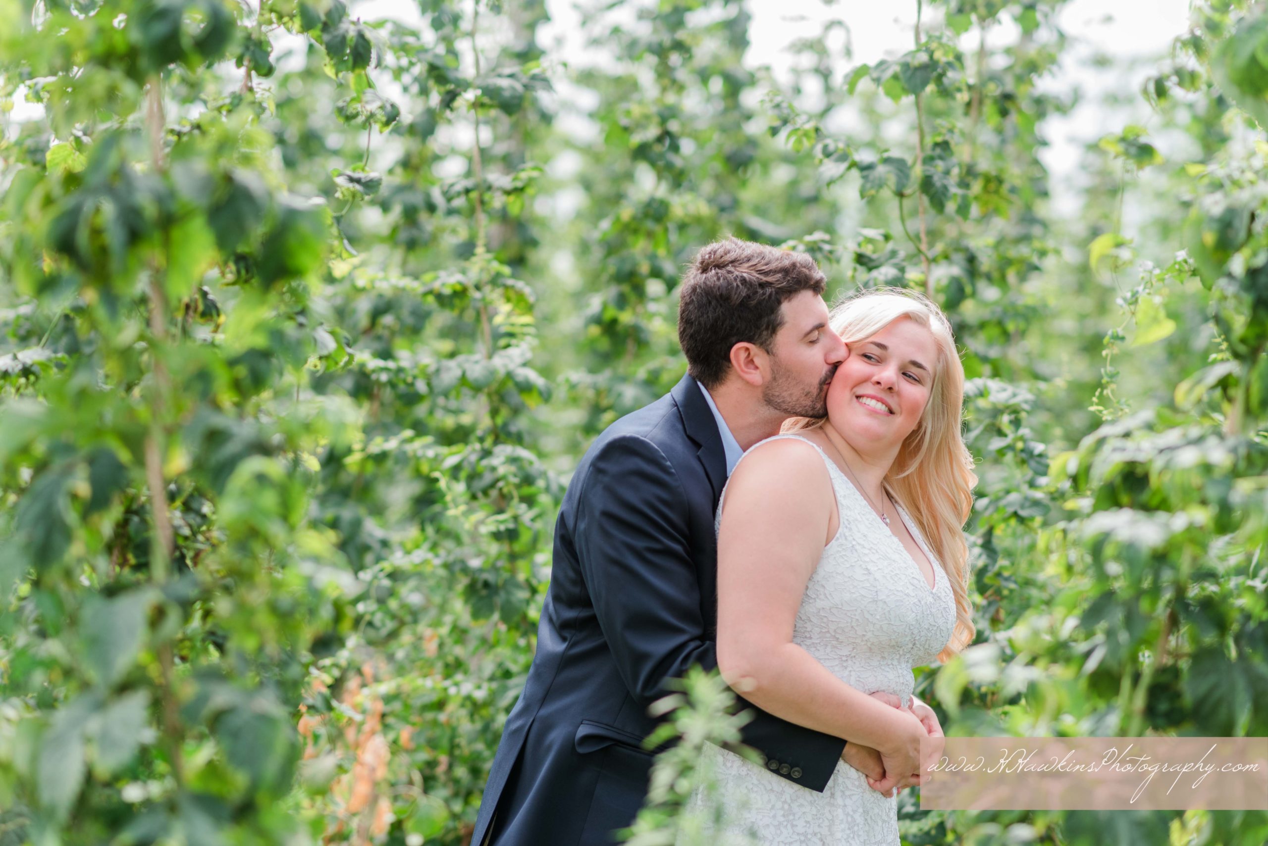 Portraits of bride and groom together at the Climbing Bines Hop Farm and Brewery for their wedding celebration among the bines