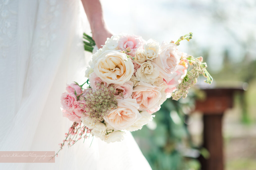 White, pink bridal whimsical bouquet at acres of grace family farms in howey in the hills fl