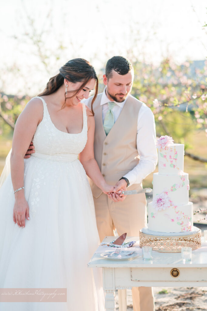 Bride and groom cut white wedding cake in middle of pink blossoms orchard at Acres of Grace Family Farms wedding venue
