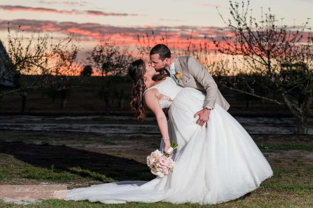 Pink, orange, yellow and blue sunset with bride and groom dip kissing at peach orchard at Acres of Grace Family Farms wedding venue in Howey in the Hills FL