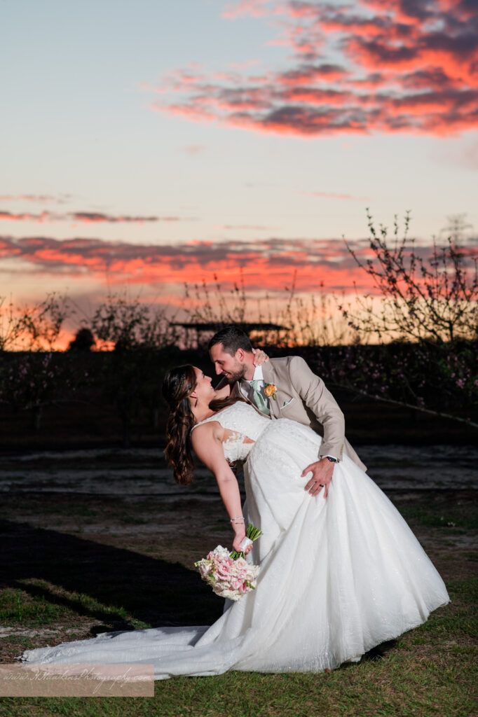 Pink, orange, yellow and blue sunset with bride and groom dip kissing at peach orchard at Acres of Grace Family Farms wedding venue in Howey in the Hills FL