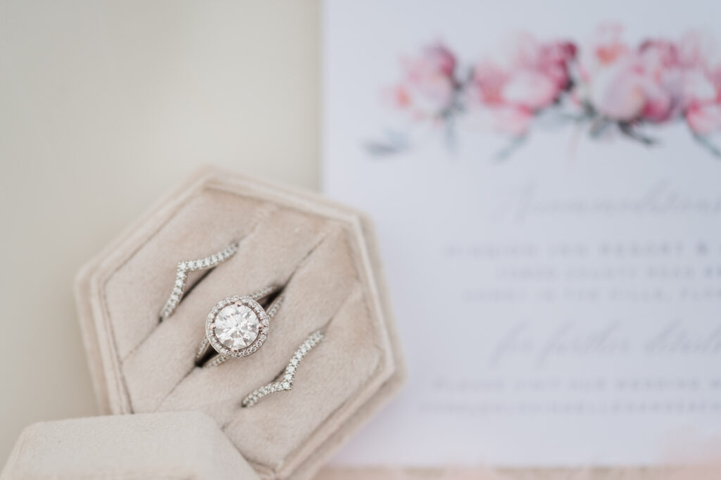 Diamond engagement ring in ring box by Orlando wedding photographer