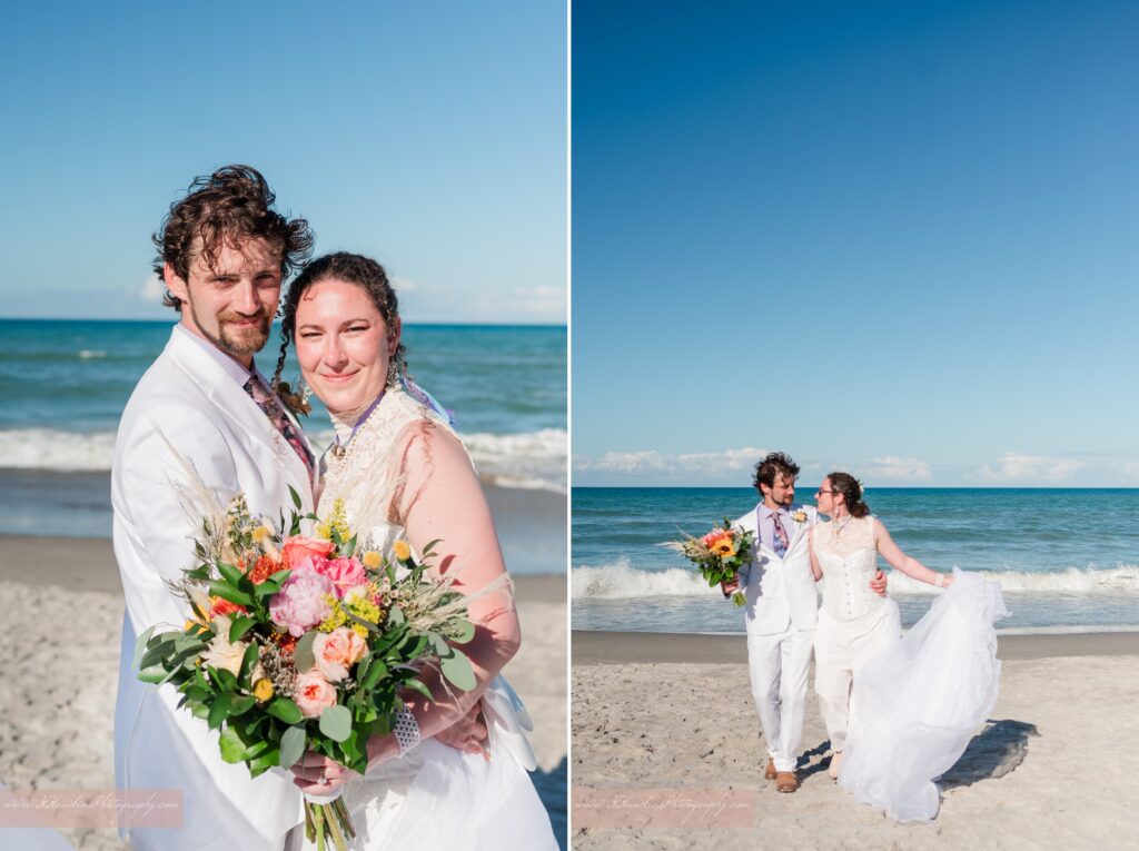 Bride in white dress and groom in white on the beach at The Tides Collocated Club on Patrick Space Force Base in the turquoise ocean behind them