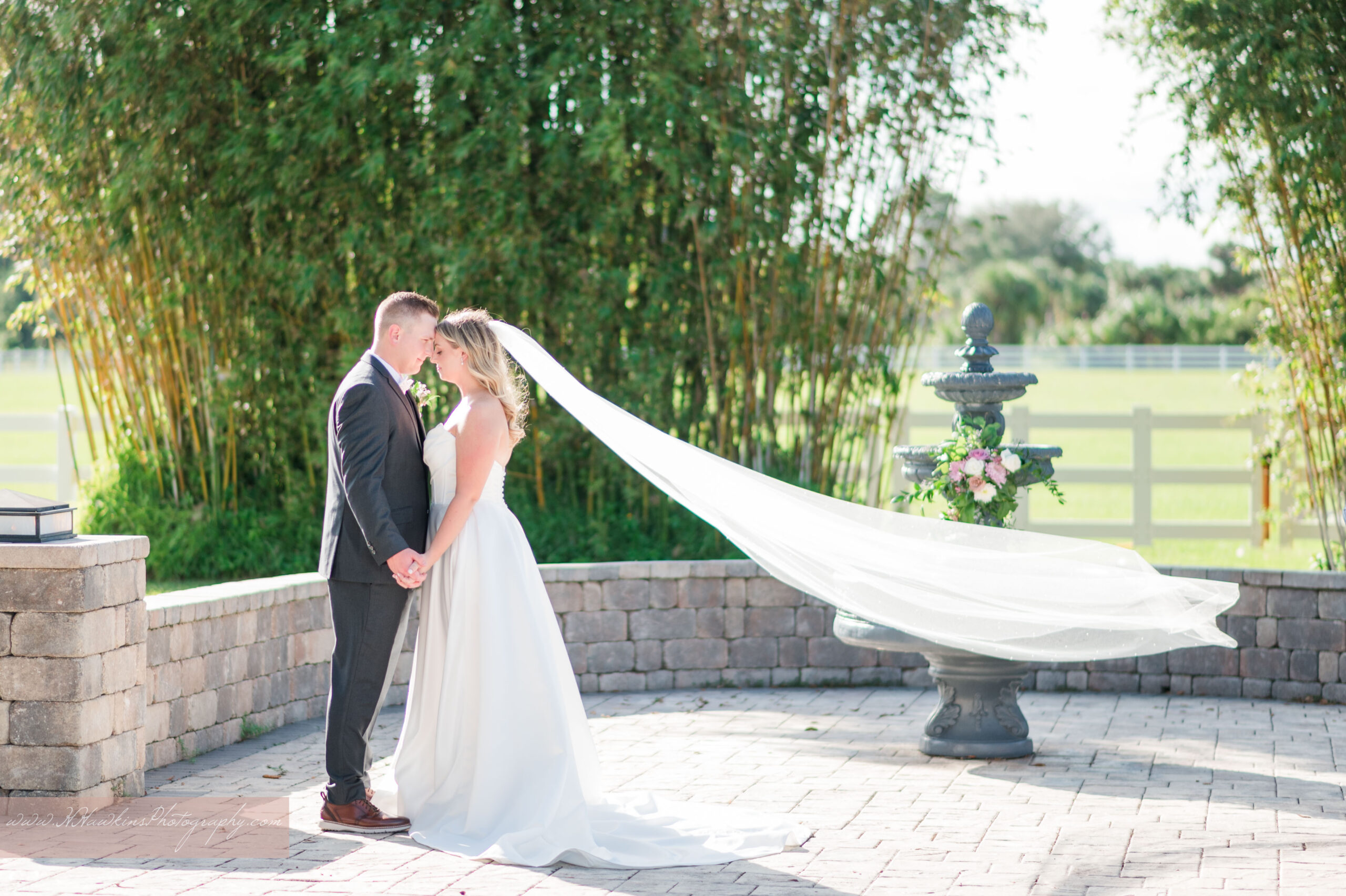 Bride and groom with her cathedral length veil flowing in the sunshine during their picture time at Dragonfly Farms FL wedding venue